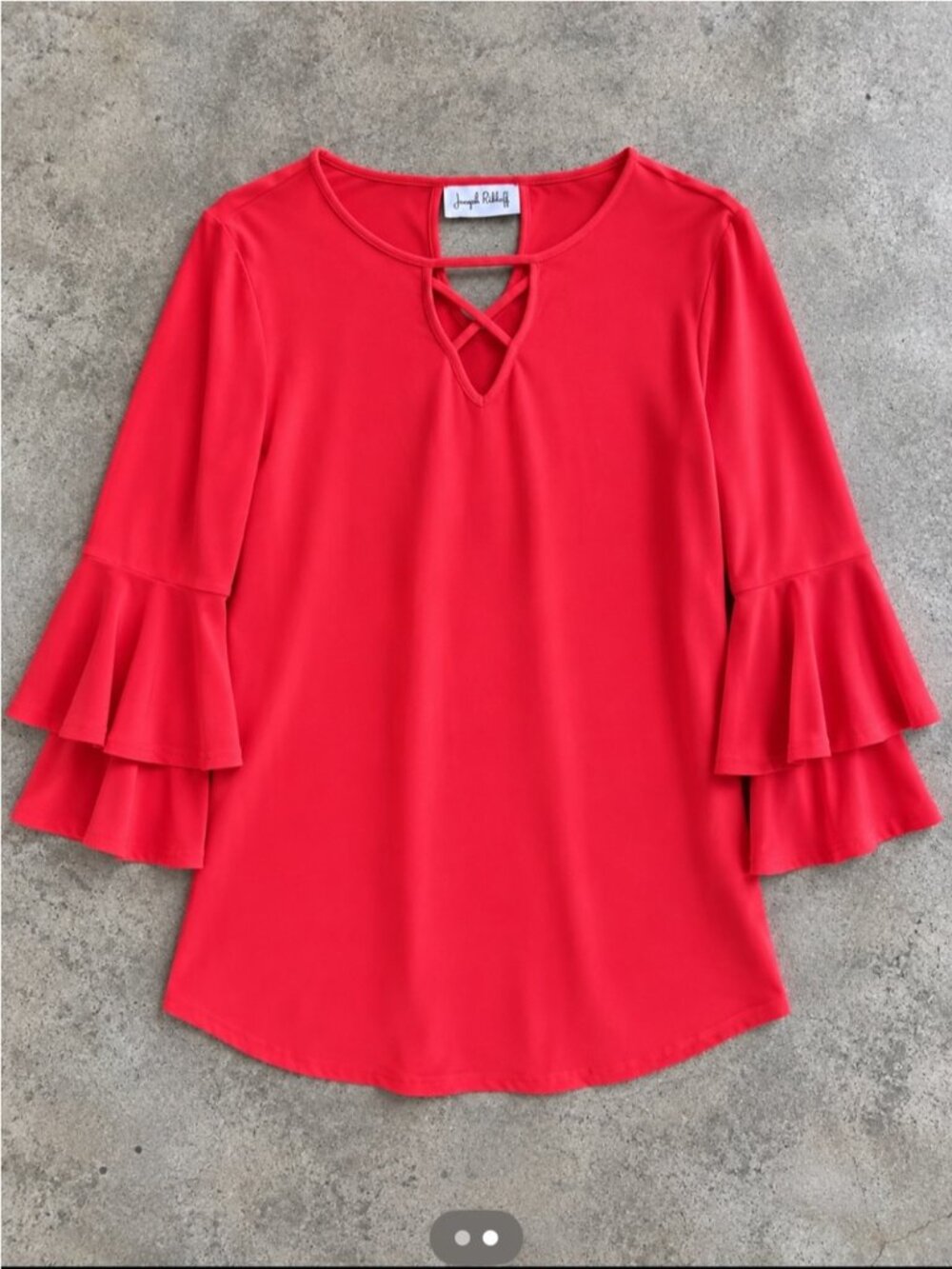 Joseph Ribkoff Layered Bell Sleeve Keyhole Tunic Top Woman 14 Coral Stretch FLAW